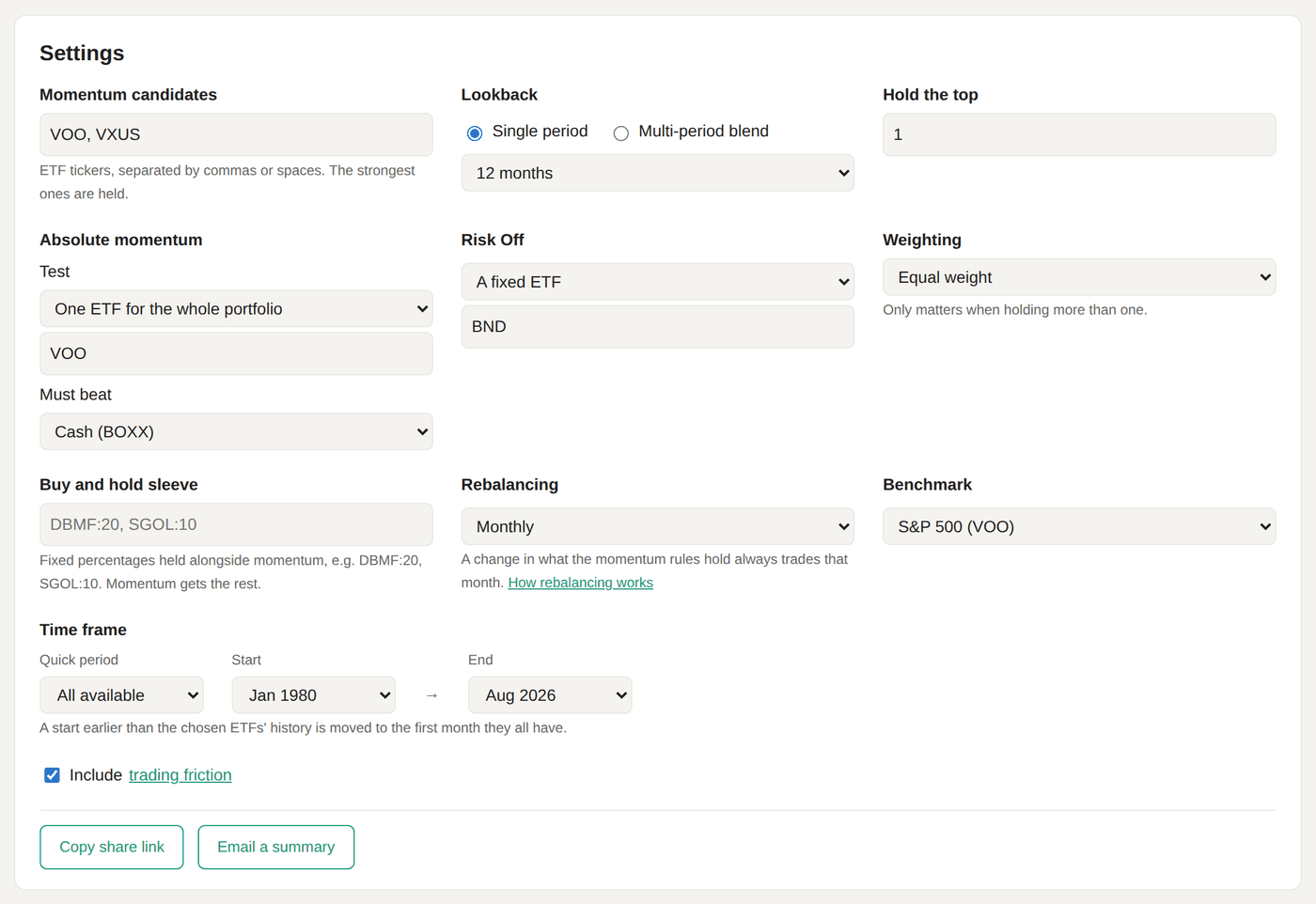 The settings panel